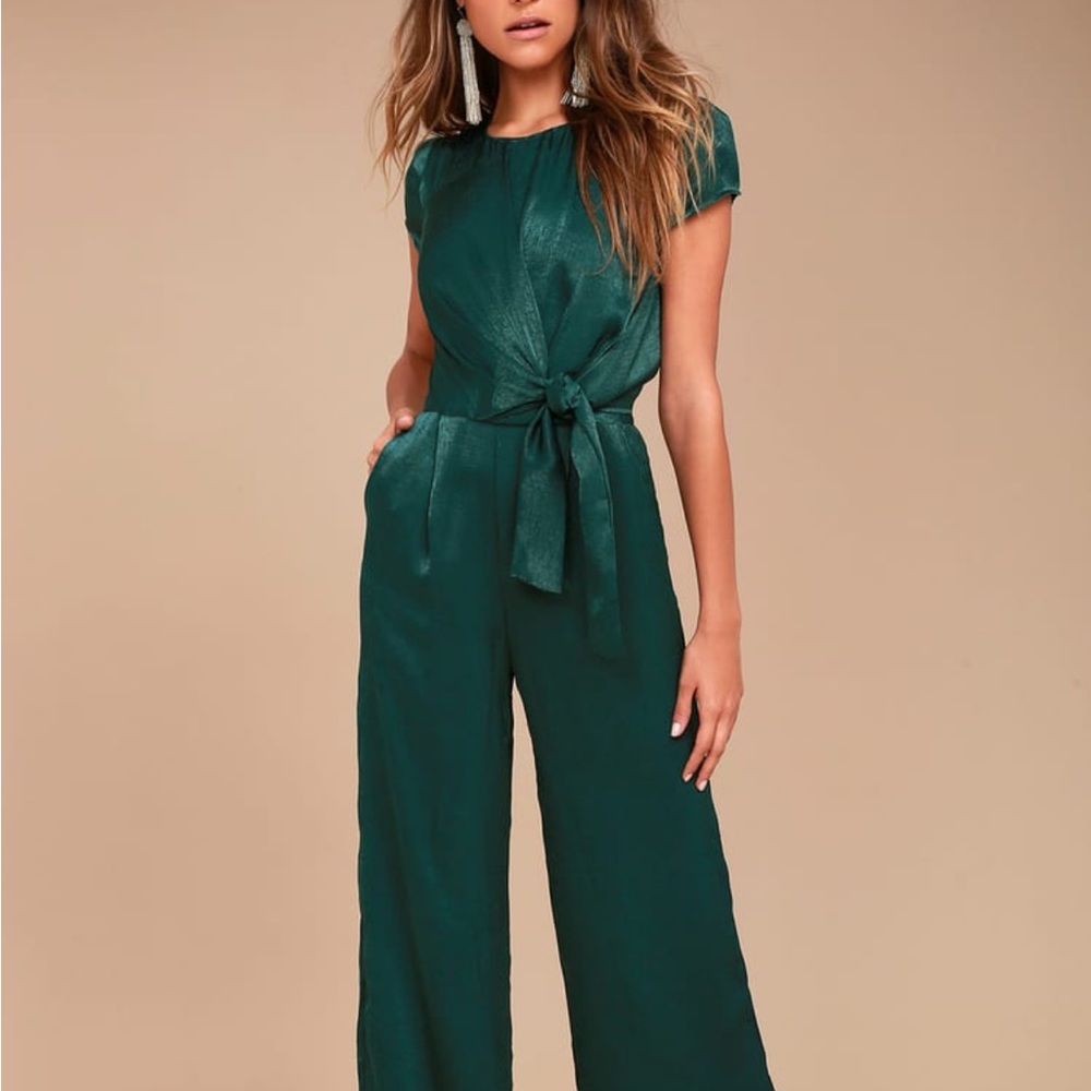 Lulu’s: Let Me Entertain You Forest Green Satin Wide-Leg Jumpsuit Size L